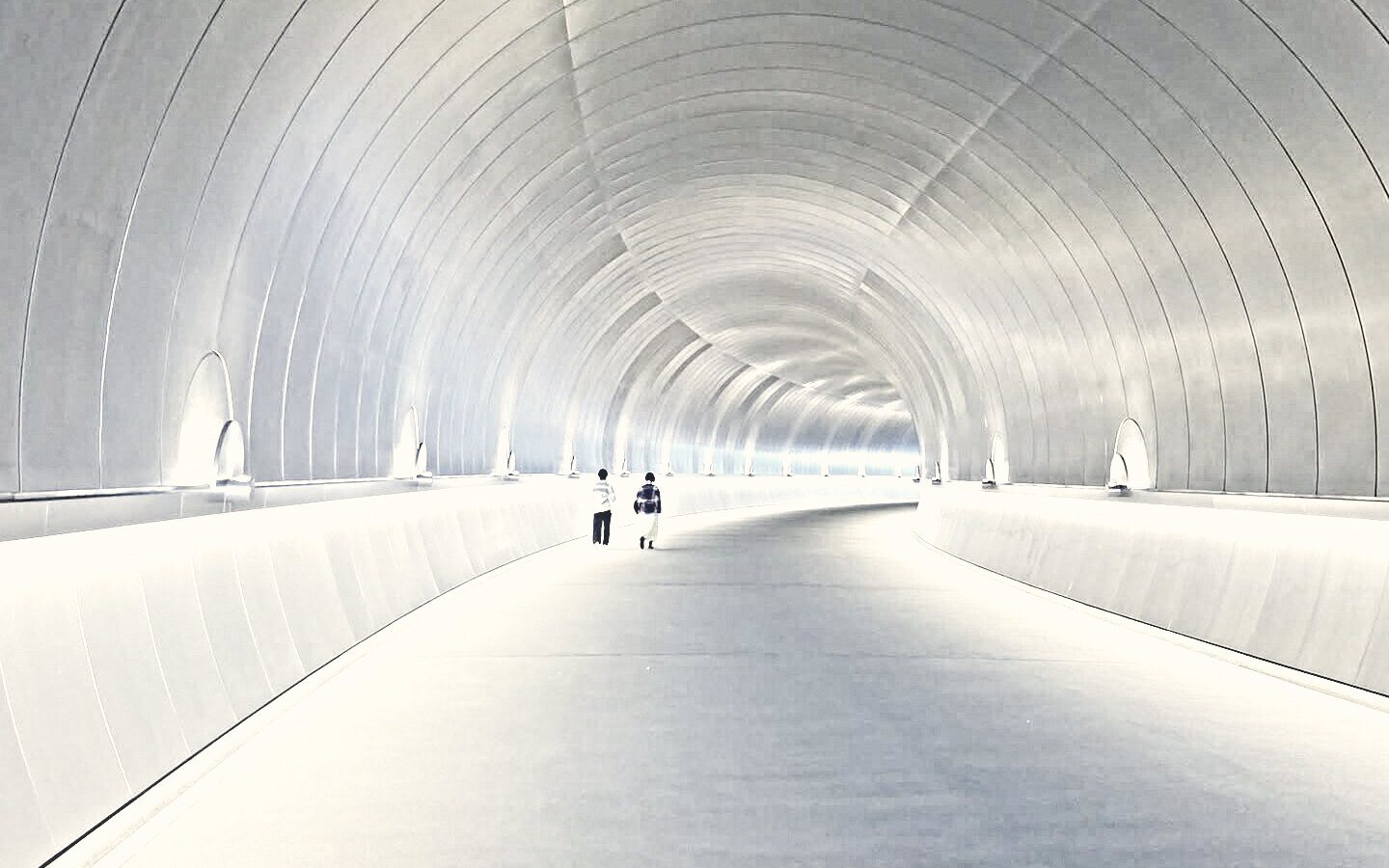 The arched concrete approach tunnel at Miho, curving toward daylight, with two people walking through it.